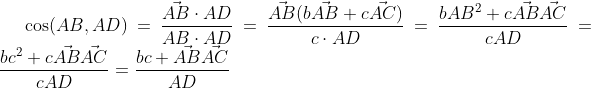 \cos(AB, AD)=\frac{\vec{AB}\cdot {AD}}{AB\cdot AD}=\frac{\vec{AB}(b\vec{AB}+c\vec{AC})}{c\cdot AD}=\frac{bAB^2+c\vec{AB}\vec{AC}}{cAD}=\frac{bc^2+c\vec{AB}\vec{AC}}{cAD}=\frac{bc+\vec{AB}\vec{AC}}{AD}